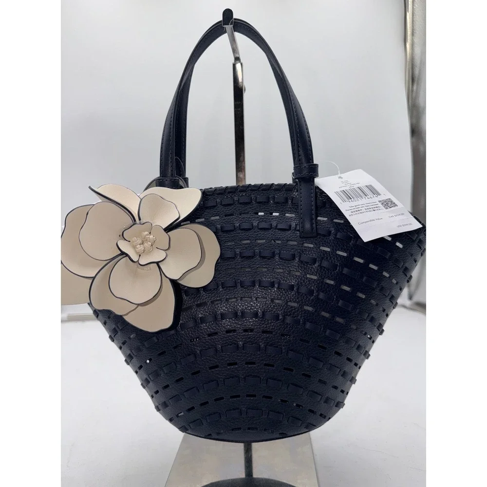 Kate Spade Dahlia Small Tote Parisian Navy Leather Woven Flower Bag KO471 NEW